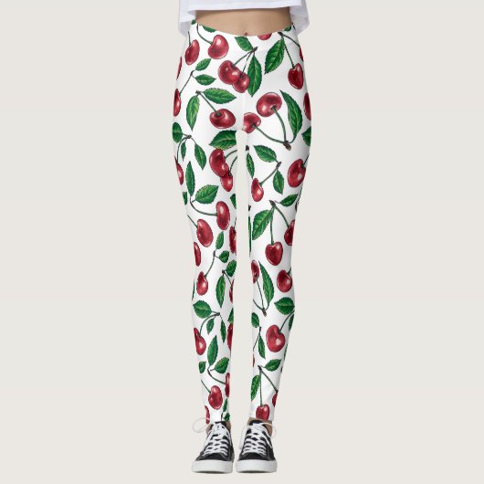 Rote Kirschen auf Weiß Leggings (Vorderseite)
