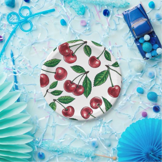 Rote Kirschen auf Weiß Pappteller (Party)