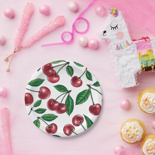Rote Kirschen auf Weiß Pappteller (Party)