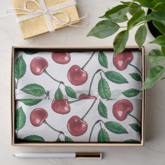 Rote Kirschen auf Weiß Seidenpapier (Geschenk)