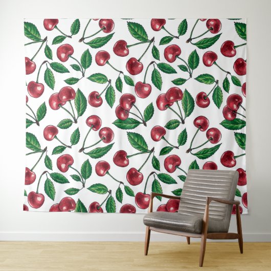 Rote Kirschen auf Weiß Wandteppich (Beispiel (Horizontal))