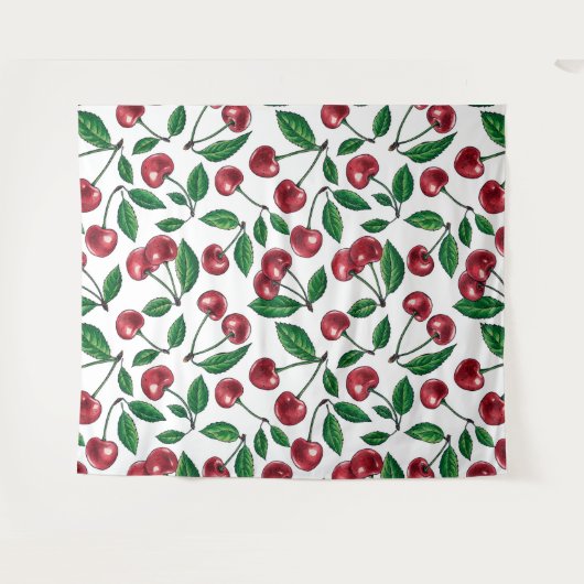 Rote Kirschen auf Weiß Wandteppich (Vorderseite (Horizontal))
