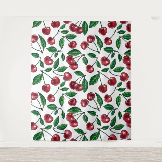 Rote Kirschen auf Weiß Wandteppich (Vorderseite)