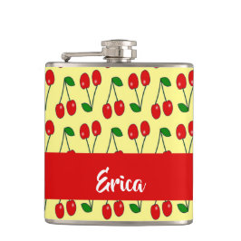 Rote Kirschen aus individuelle Name auf Gelb Flachmann