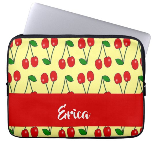 Rote Kirschen aus individuelle Name auf Gelb Laptopschutzhülle (Vorderseite)