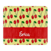 Rote Kirschen aus individuelle Name auf Gelb Schneidebrett (Vorderseite)