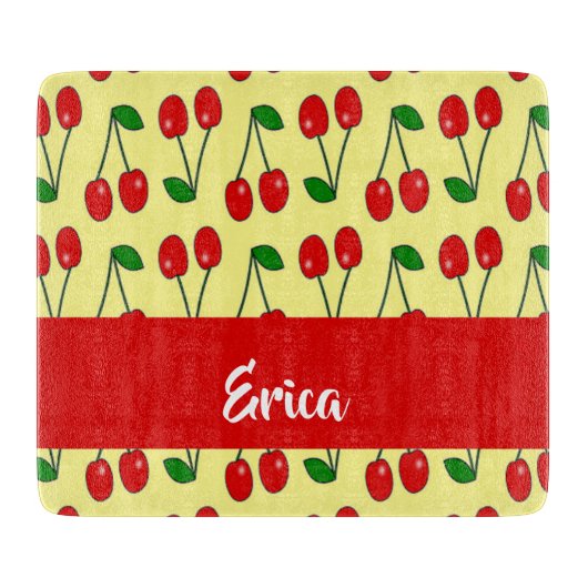 Rote Kirschen aus individuelle Name auf Gelb Schneidebrett (Vorderseite)