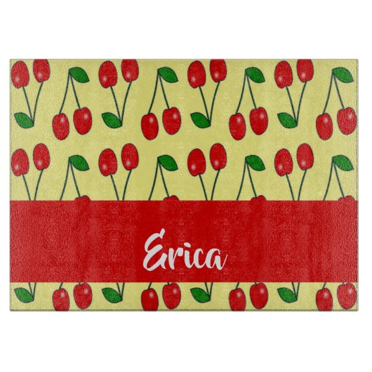 Rote Kirschen aus individuelle Name auf Gelb Schneidebrett (Vorderseite)