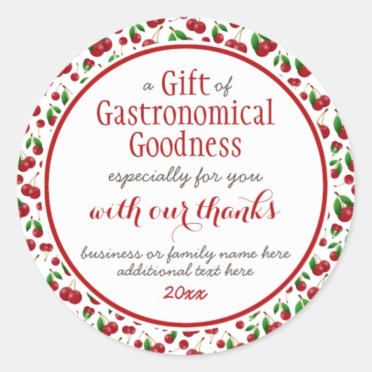 Rote Kirschen "ein Geschenk der Gastronomischen Gü Runder Aufkleber (Vorderseite)