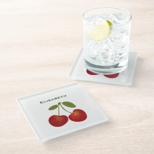 Rote Kirschen Früchte personalisieren Name Glasuntersetzer