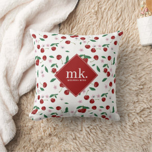 Rote Kirschen Grünzeug & Kirschblüten Monogramm Kissen