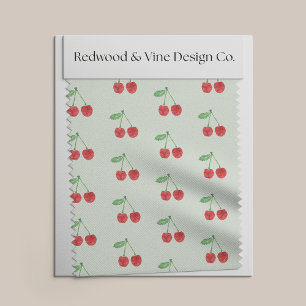 Rote Kirschen in Aquarellen auf blass Frühlingsgrü Stoff