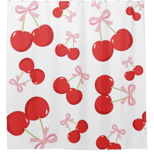 Rote Kirschen mit rosa Bow Coquette Hütte Chic Duschvorhang (Vorderseite)