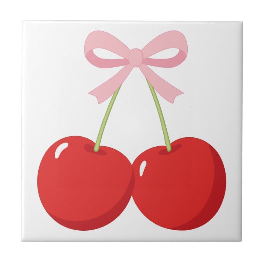 Rote Kirschen mit rosa Bow Coquette Hütte Chic Fliese (Vorderseite)