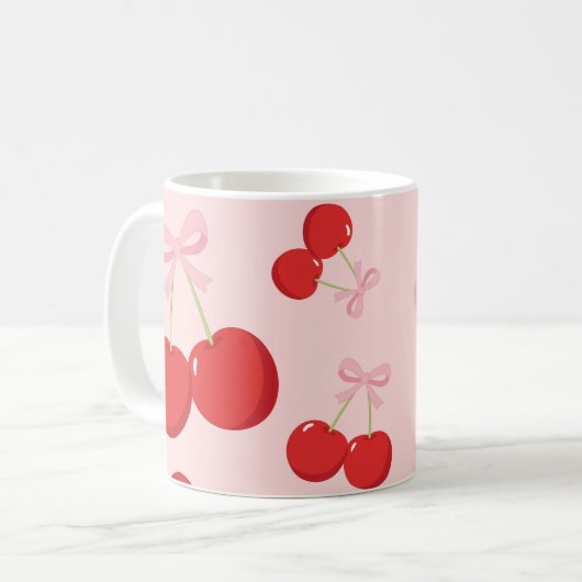 Rote Kirschen mit rosa Bow Coquette Hütte Chic Kaffeetasse (Vorderseite Links)