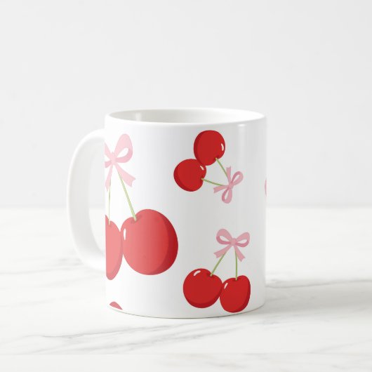 Rote Kirschen mit rosa Bow Coquette Hütte Chic Kaffeetasse (Vorderseite Links)