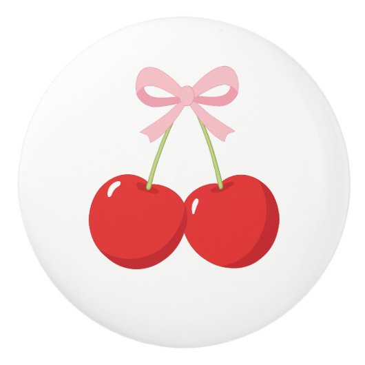 Rote Kirschen mit rosa Bow Coquette Hütte Chic Keramikknauf (Vorderseite)