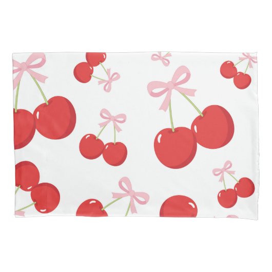 Rote Kirschen mit rosa Bow Coquette Hütte Chic Kissenbezug (Vorderseite)