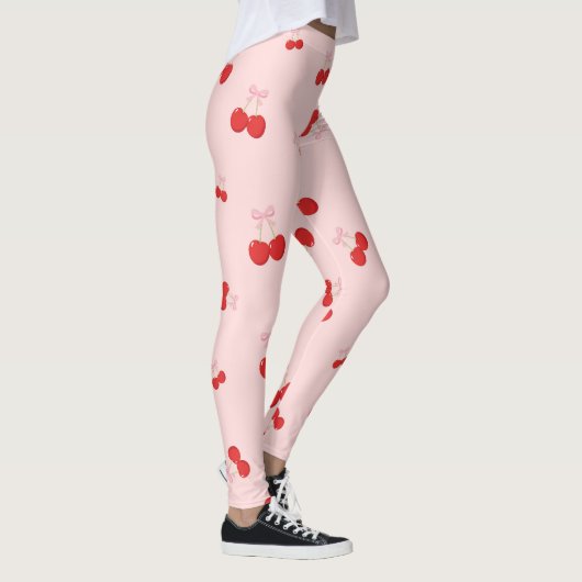 Rote Kirschen mit rosa Bow Coquette Hütte Chic Leggings (Rechts)
