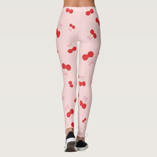 Rote Kirschen mit rosa Bow Coquette Hütte Chic Leggings (Rückseite)