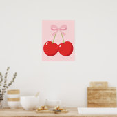 Rote Kirschen mit rosa Bow Coquette Hütte Chic Poster (Küche)