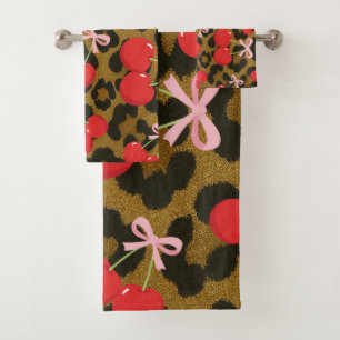Rote Kirschen mit rosa Bow Coquette Leopard Print Badhandtuch Set