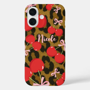 Rote Kirschen mit rosa Bow Coquette Leopard Print iPhone 16 Hülle