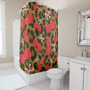 Rote Kirschen mit rosa Bow Coquette Leopard Print Duschvorhang