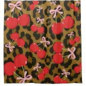Rote Kirschen mit rosa Bow Coquette Leopard Print Duschvorhang (Vorderseite)