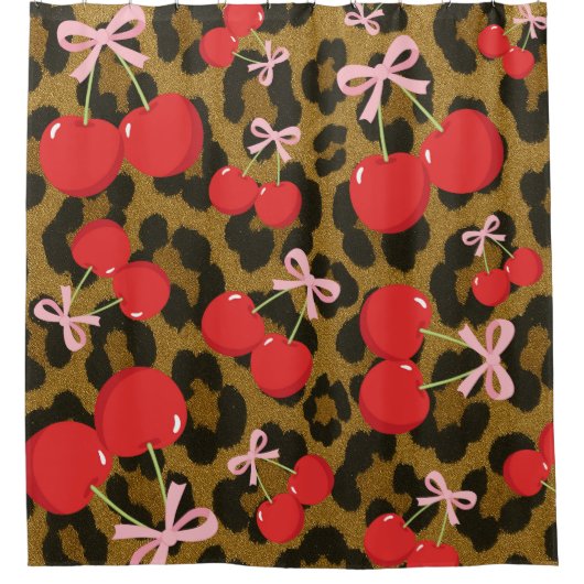 Rote Kirschen mit rosa Bow Coquette Leopard Print Duschvorhang (Vorderseite)
