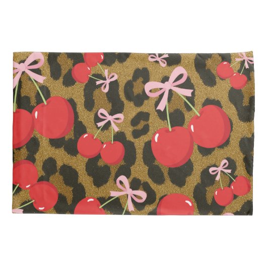 Rote Kirschen mit rosa Bow Coquette Leopard Print Kissenbezug (Rückseite)