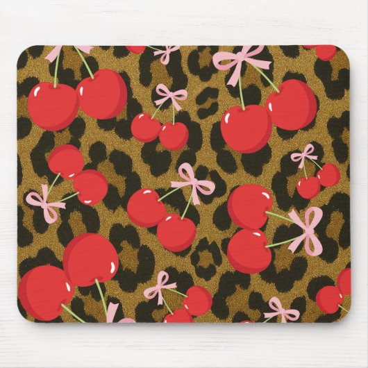 Rote Kirschen mit rosa Bow Coquette Leopard Print Mousepad (Vorne)