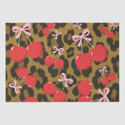Rote Kirschen mit rosa Bow Coquette Leopard Print Seidenpapier (Vorderseite)