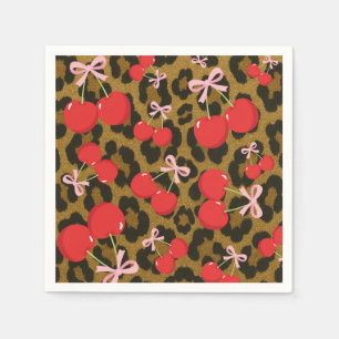 Rote Kirschen mit rosa Bow Coquette Leopard Print Serviette