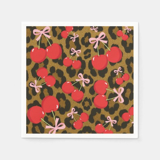Rote Kirschen mit rosa Bow Coquette Leopard Print Serviette (Vorderseite)