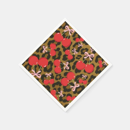Rote Kirschen mit rosa Bow Coquette Leopard Print Serviette (Ecke)