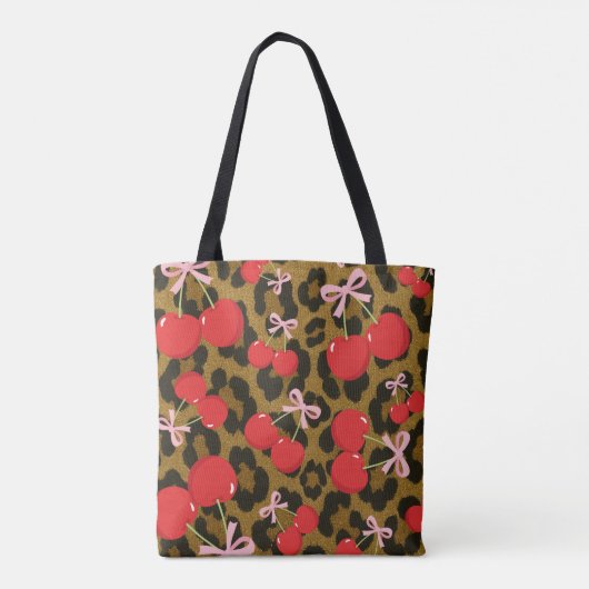 Rote Kirschen mit rosa Bow Coquette Leopard Print Tasche (Rückseite)