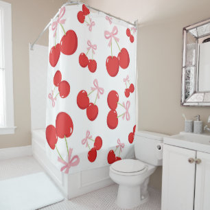 Rote Kirschen mit rosa Schleife Coquette Cottage C Duschvorhang