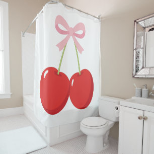 Rote Kirschen mit rosa Schleife Coquette Cottage C Duschvorhang