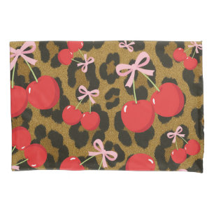 Rote Kirschen mit rosa Schleife Coquette Leoparden Kissenbezug