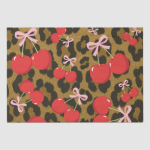 Rote Kirschen mit rosa Schleife Kokette Leopardenp Seidenpapier
