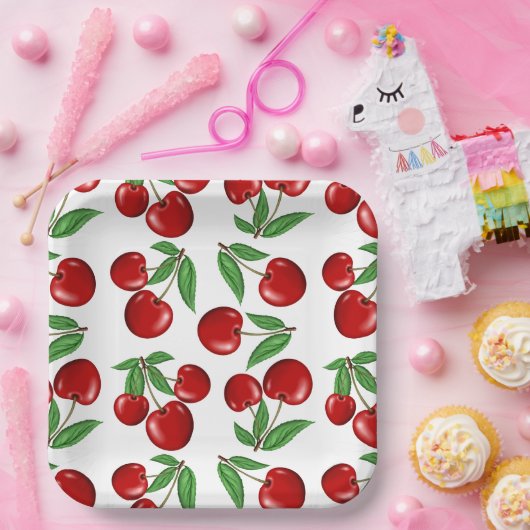 rote Kirschen Retro-Grafik drucken Pappteller (Party)