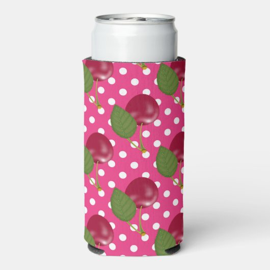 Rote Kirschen Rosa mit weißen Polka Dosen Niedlich Selters Dosenkühler (Seltzer Rückseite)