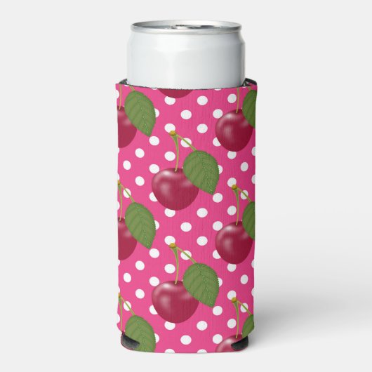 Rote Kirschen Rosa mit weißen Polka Dosen Niedlich Selters Dosenkühler (Seltzer Vorderseite)