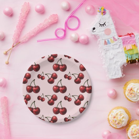 Rote Kirschen Rosa Retro-Party Pappteller (Party)