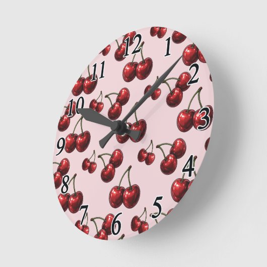 Rote Kirschen Rosa Retroglanz Runde Wanduhr (Winkel)