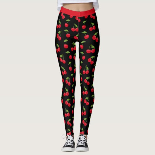 Rote Kirschen Rot und Schwarz Gemustert Leggings (Vorderseite)