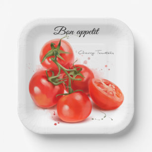 Rote Kirschtomaten und Spray Aquarell Pappteller