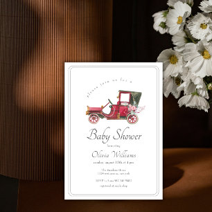 Rote klassische Wildblumen-Autofahrzeug-Baby-Party Einladung