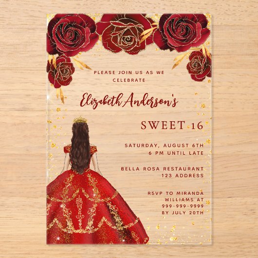 Rote Kleiderfloralen Rose klar Süß 16 Acryleinladungen (Vorderseite)